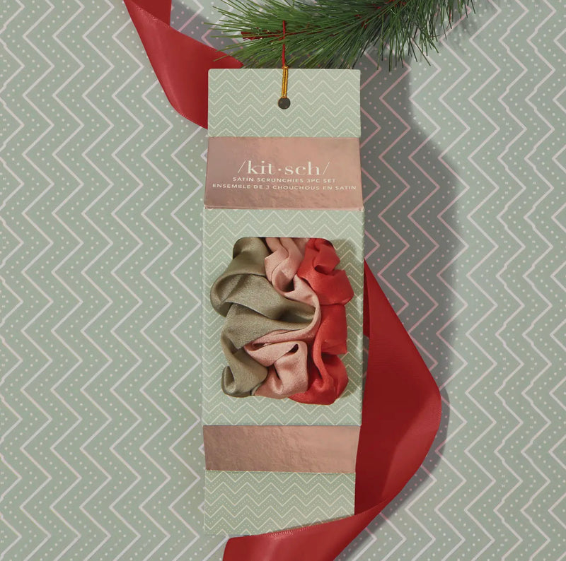 Holiday Ornament Satin Scrunchies 3pc Set - Pinksettia