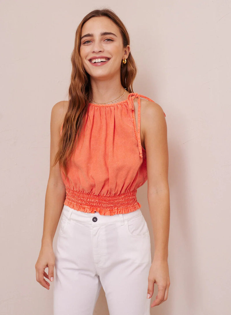 Cropped Smocked Waist Tencel Top