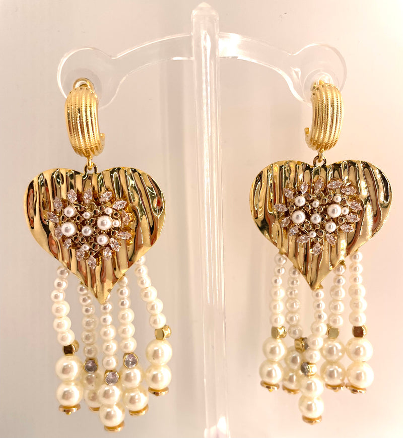 Rhinestone and Gold Heart Earrings